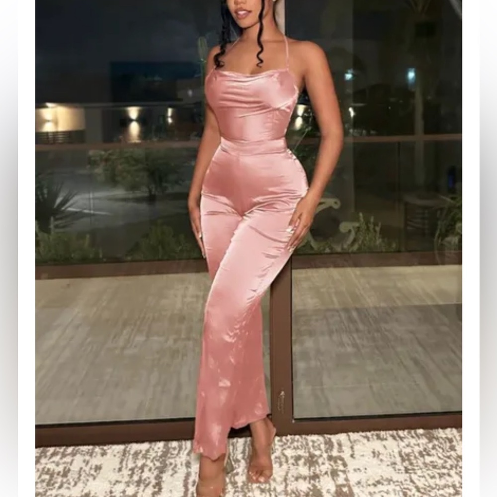 Rose Satin Open Back Jumpsuit